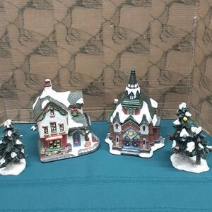 4 pc miniature  Display Christmas Village Pottery shop & church,  plus 2 trees.